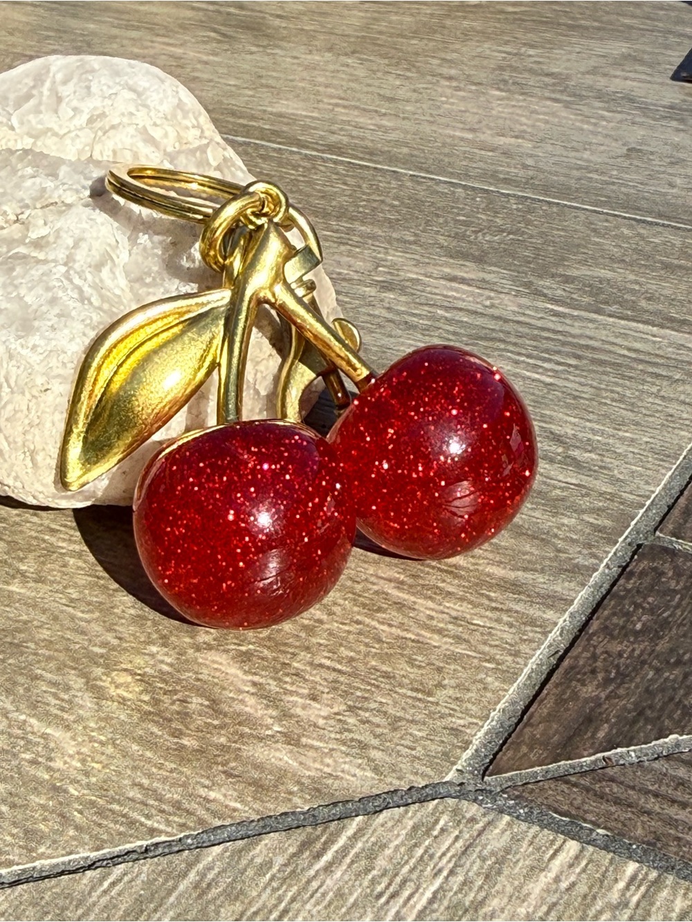 NWT Gold-Tone Cherry Charm Pendant with Red Glitter Spheres Keychain